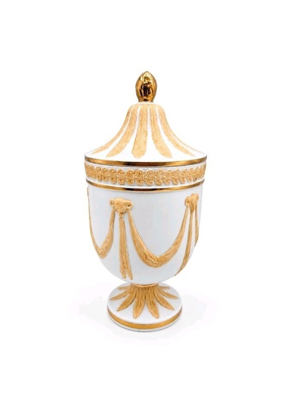 Vintage Sandra Japan #7303 Jasperware Style Lidded Urn Rams Head Gilt 10.5"